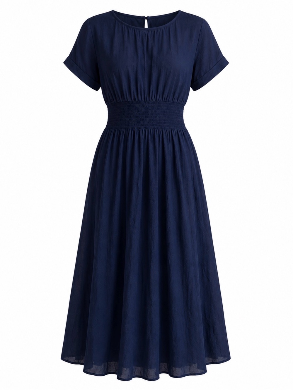 Dex Navy Smocked-Waist Short-Sleeve Midi Dress light viscose, size M